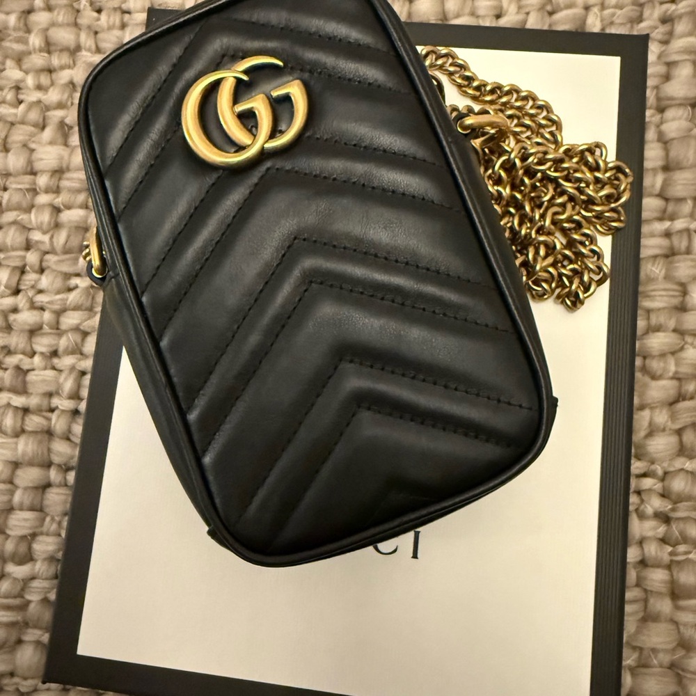Gucci Black Chevron Crossbody Bag with Gold Accents